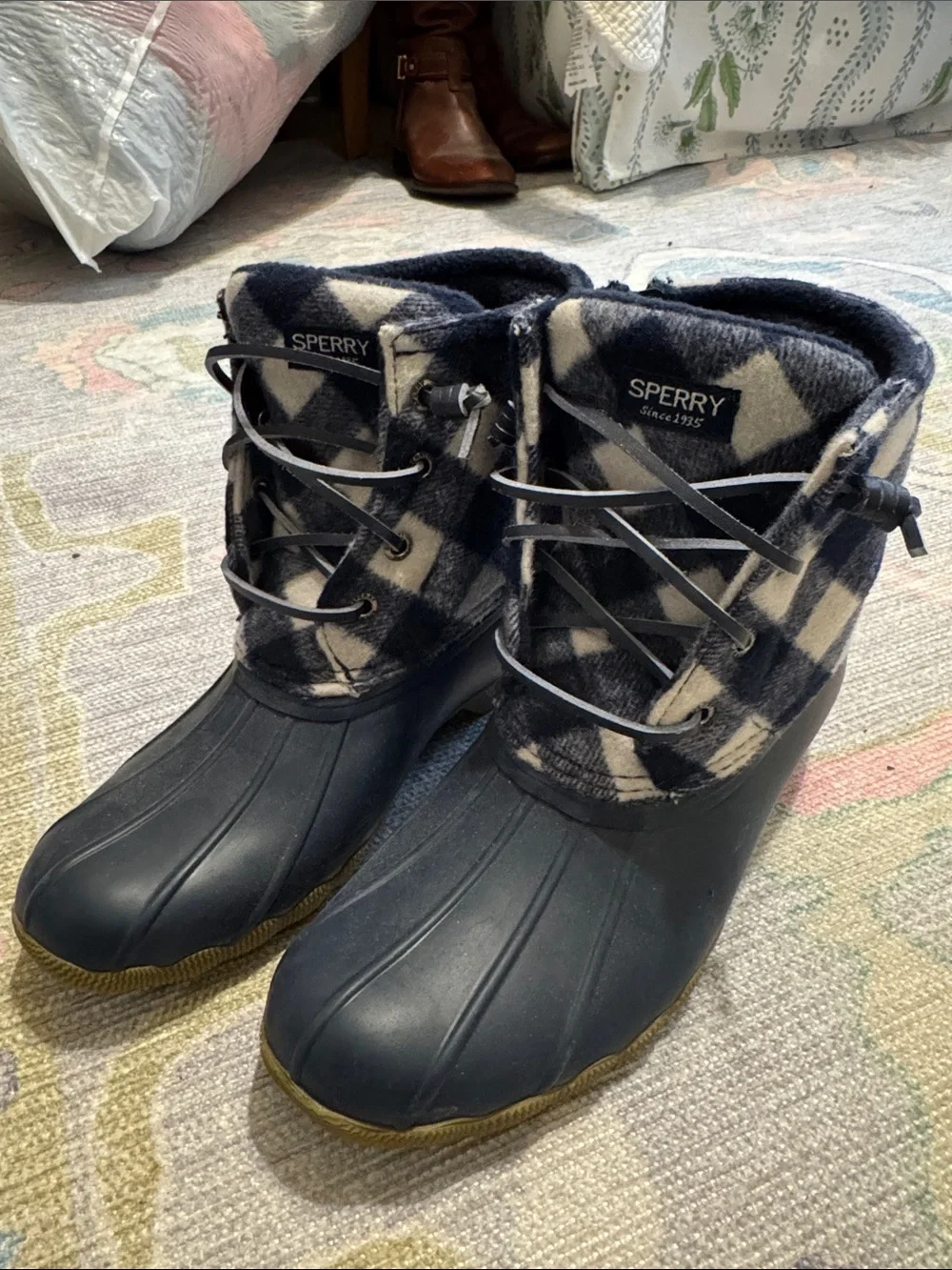 Sperry Navy and Cream Plaid Waterproof Winter Duck Boots